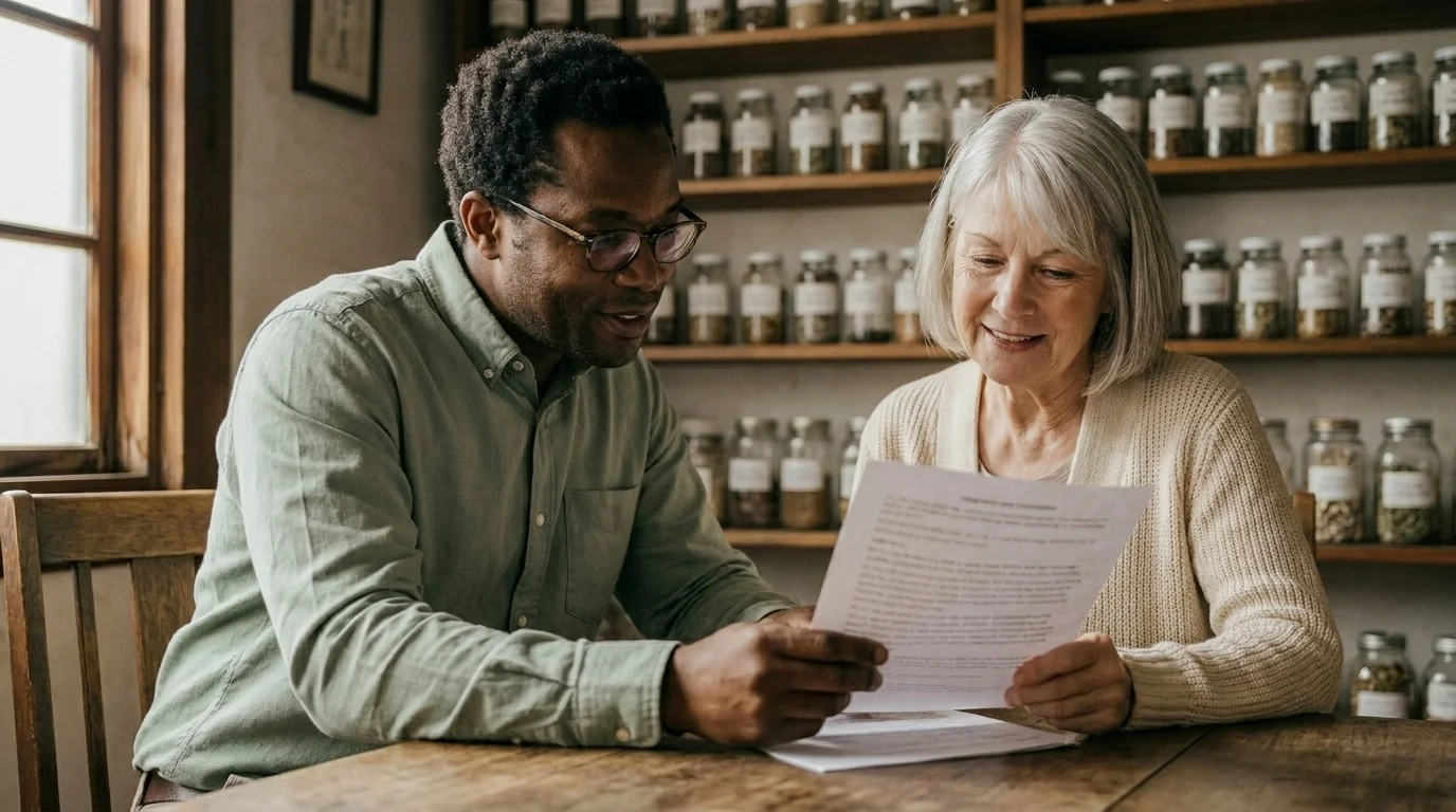 Clinician and older patient reviewing notes at an integrative-care desk, herbal preparation jars on shelves behind