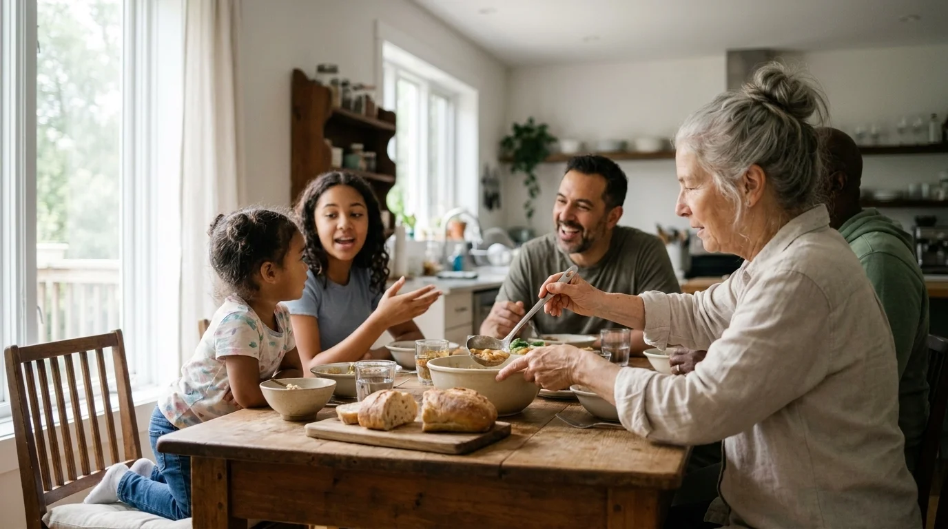 Intergenerational mixed-heritage family cooking and eating together around a laden wooden table in soft kitchen light