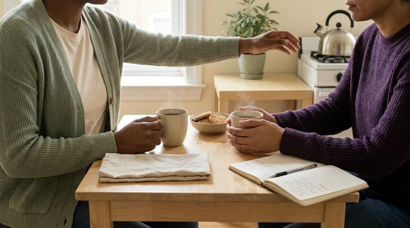 Two people in a supportive conversation at a kitchen table with a hand on the shoulder for reducing mental health stigma