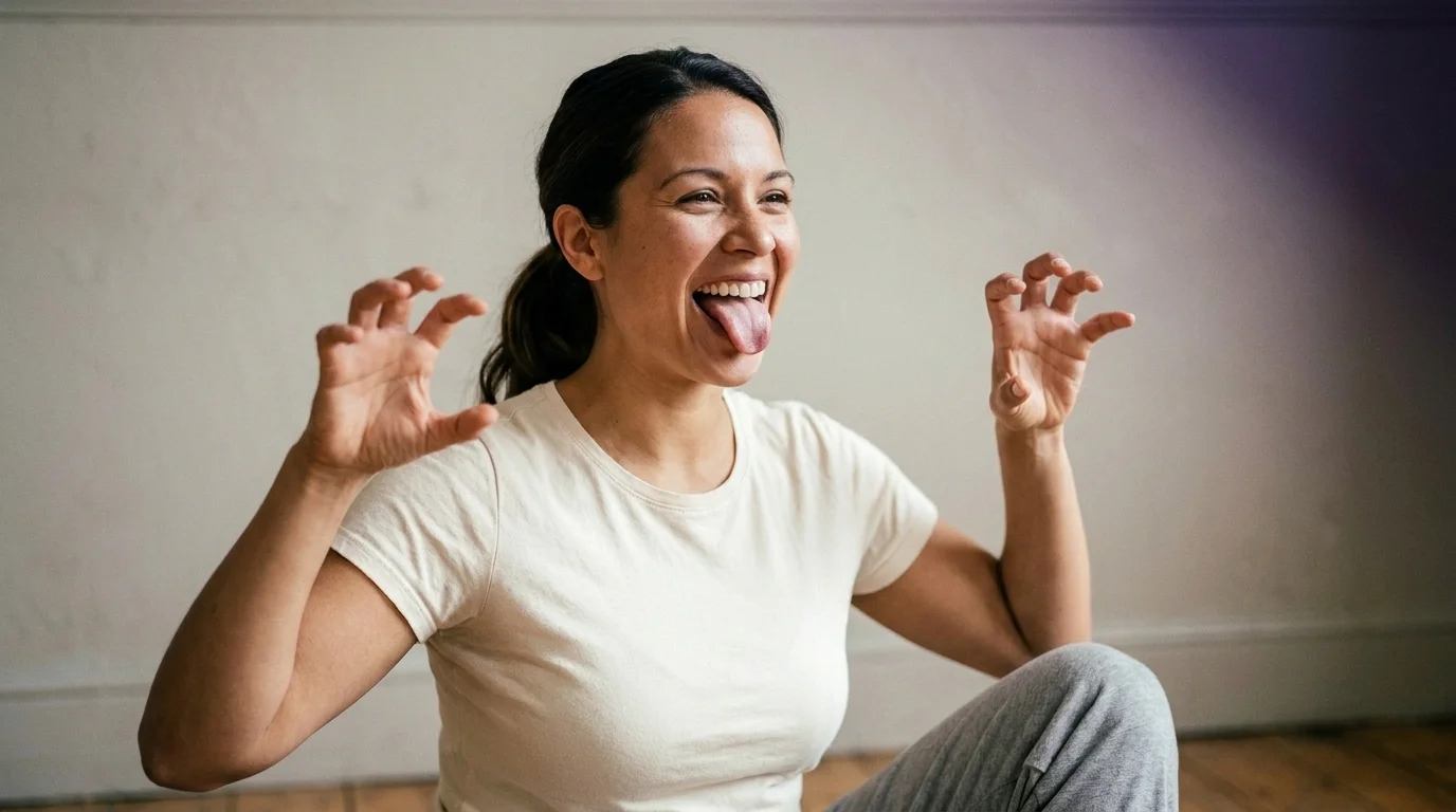 Practitioner mid lion-laugh exercise — head back, mouth open, tongue out, hands in claw shapes near shoulders