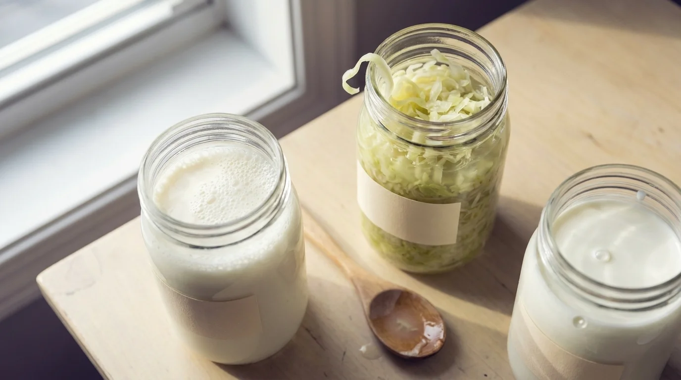 Macro overhead of open jars of kefir, sauerkraut, and live-culture yogurt on a wood table with visible bubbles and cabbage shred