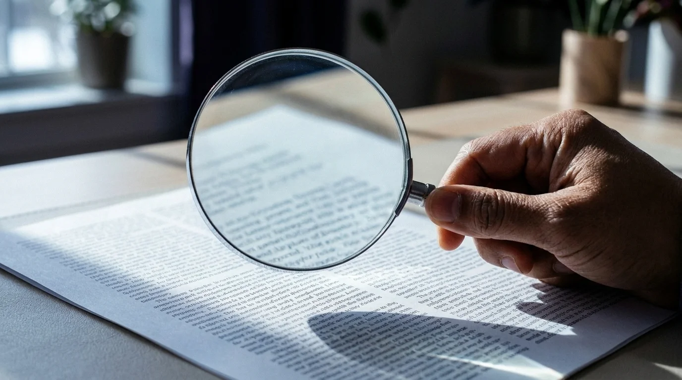 Hand holding a magnifying glass over a printed page, enlarging one block of text into sharp focus