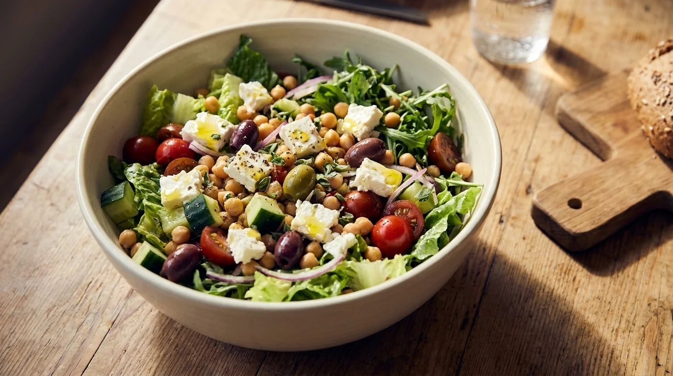Bowl of romaine salad with chickpeas, cucumber, tomatoes, Kalamata olives, red onion, feta and olive-oil drizzle