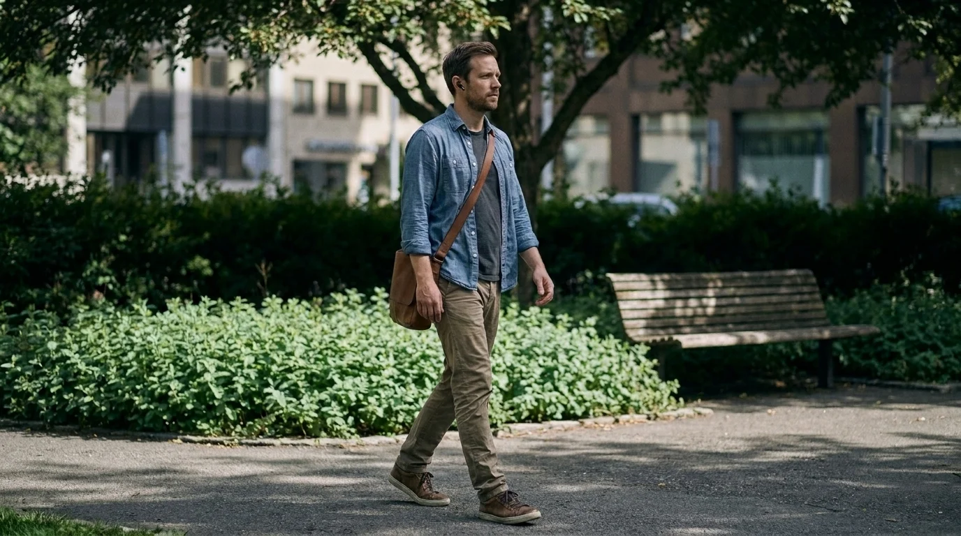 Man in chambray and chinos with a leather messenger bag walking through an urban park past a wooden bench