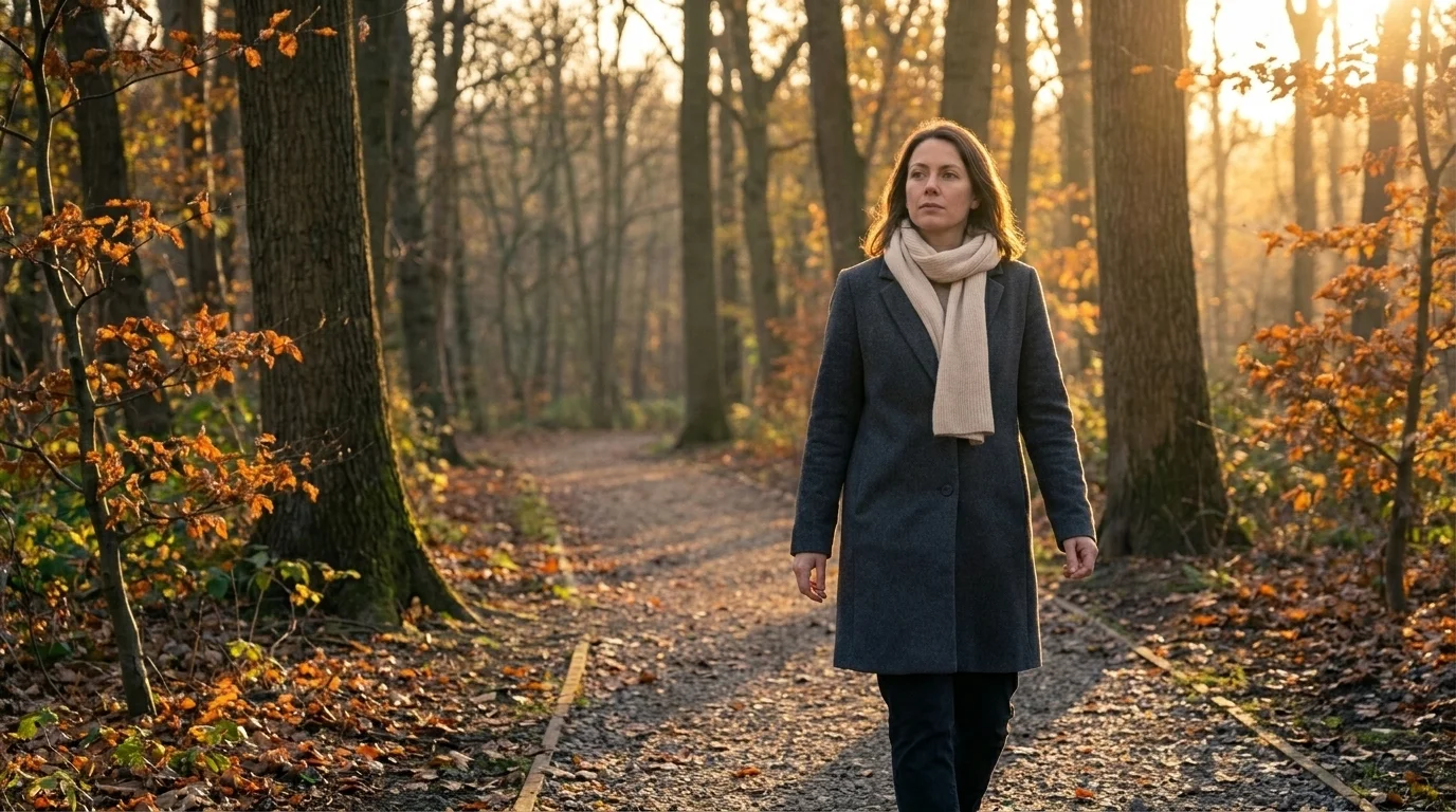Woman in a charcoal coat and cream scarf walking toward the camera on a leaf-strewn gravel path at golden hour