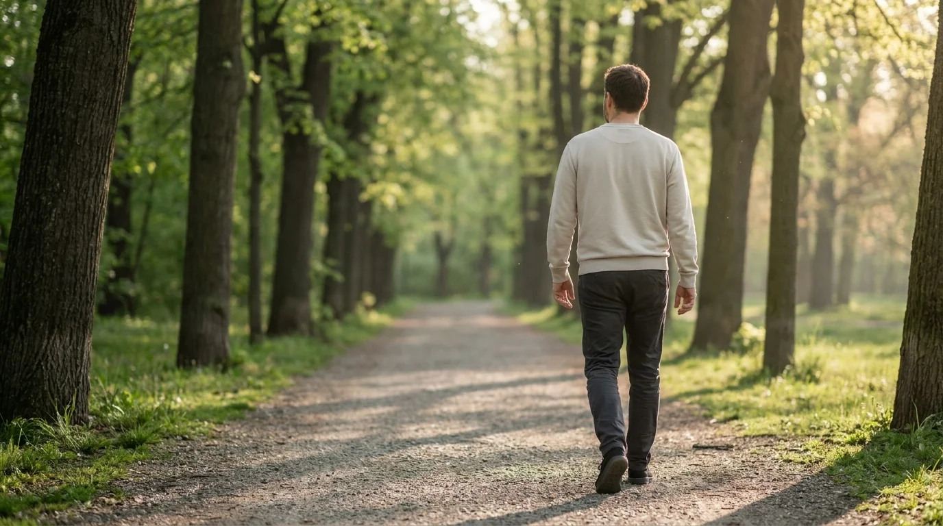 Man in cream crewneck walking away along a gravel path under a green spring-leaf canopy with sunlight breaking through