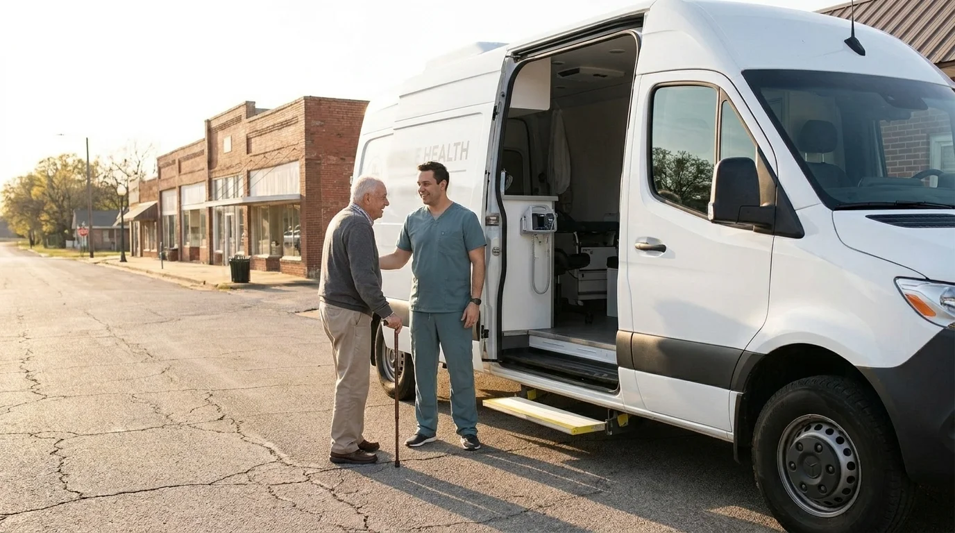 Nurse greeting an older patient at the steps of a mobile health clinic parked on a rural main street