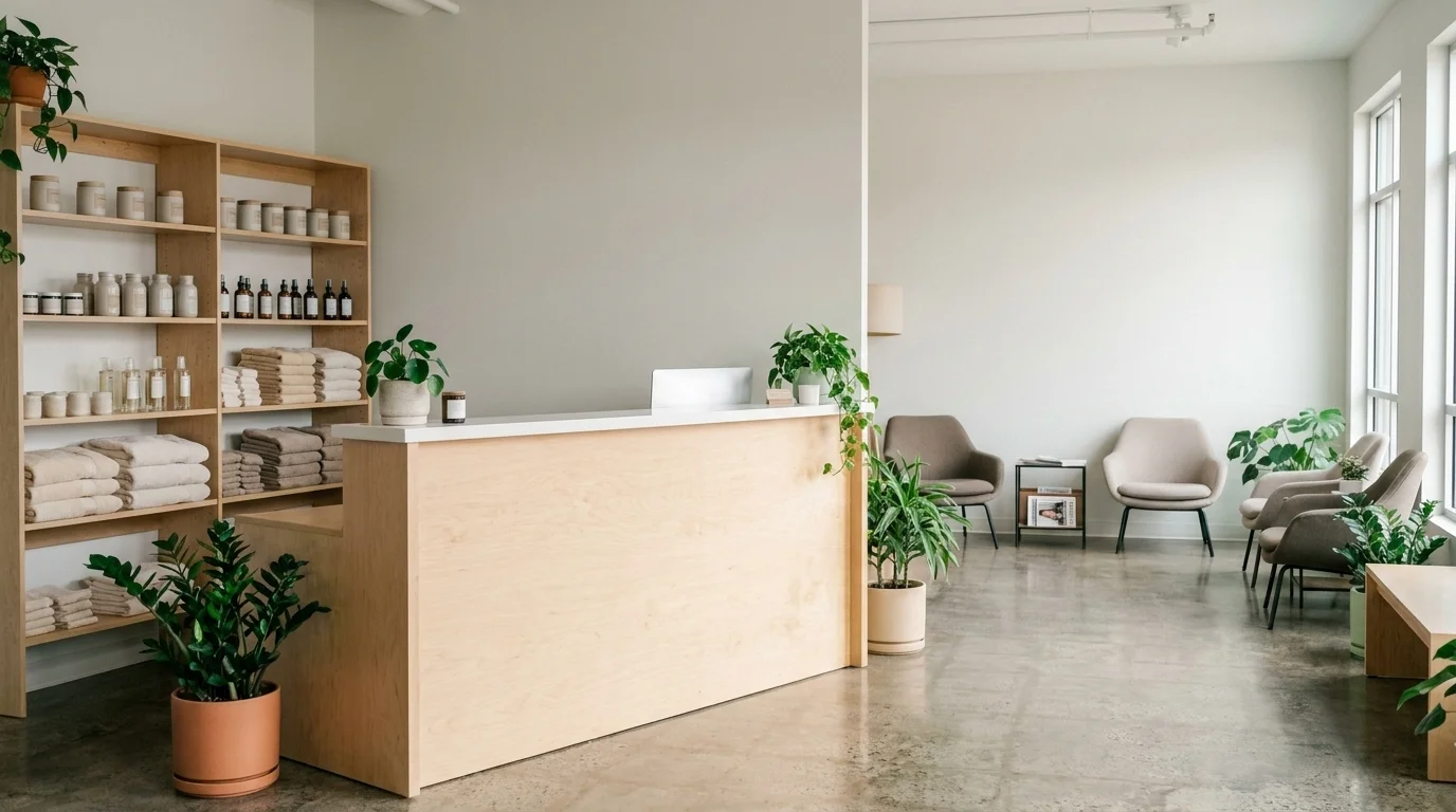 Bright modern wellness-center reception with a clean front desk, plants, and soft lighting seen from the entrance