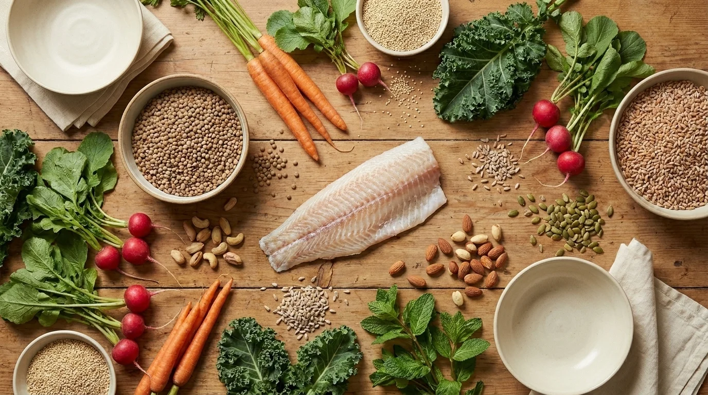 Bright overhead spread of whole foods — vegetables, legumes, whole grains, nuts, and fish on a wooden table