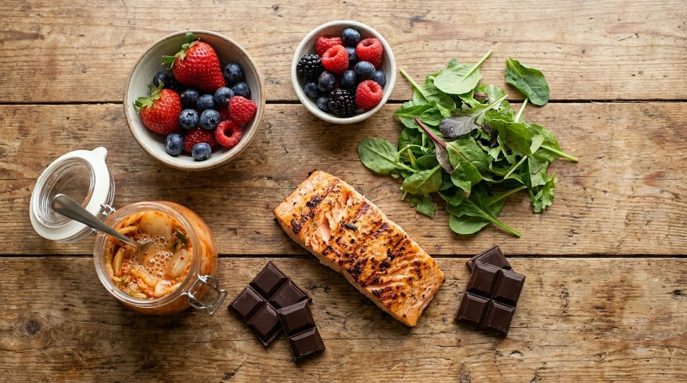 Overhead wooden table arranged with grilled salmon, leafy greens, mixed berries, a jar of kimchi, and squares of dark chocolate