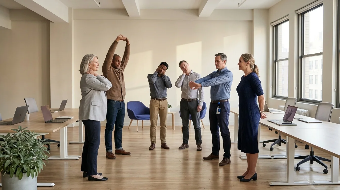 Mixed-seniority open-plan office stretch break with senior leaders and junior staff together in window light