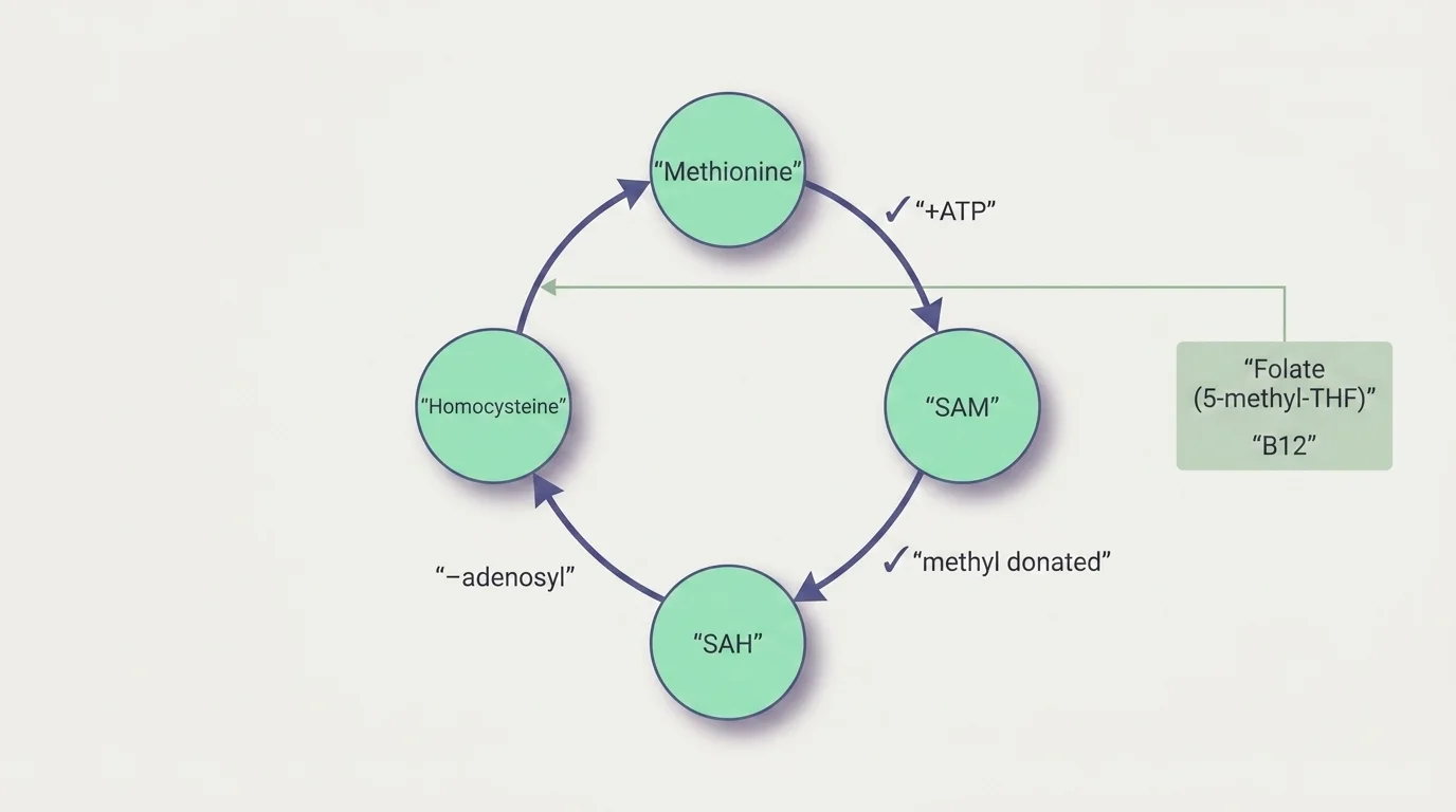 Methionine cycle diagram with methionine, SAM, SAH, and homocysteine as labelled nodes, plus a folate-and-B12 side input panel