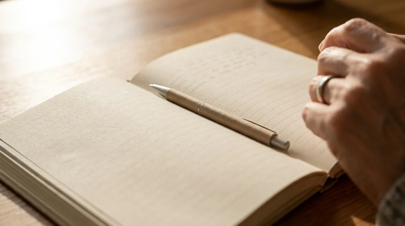 Open lined journal with a pen resting on the page in soft morning light, a hand just out of focus