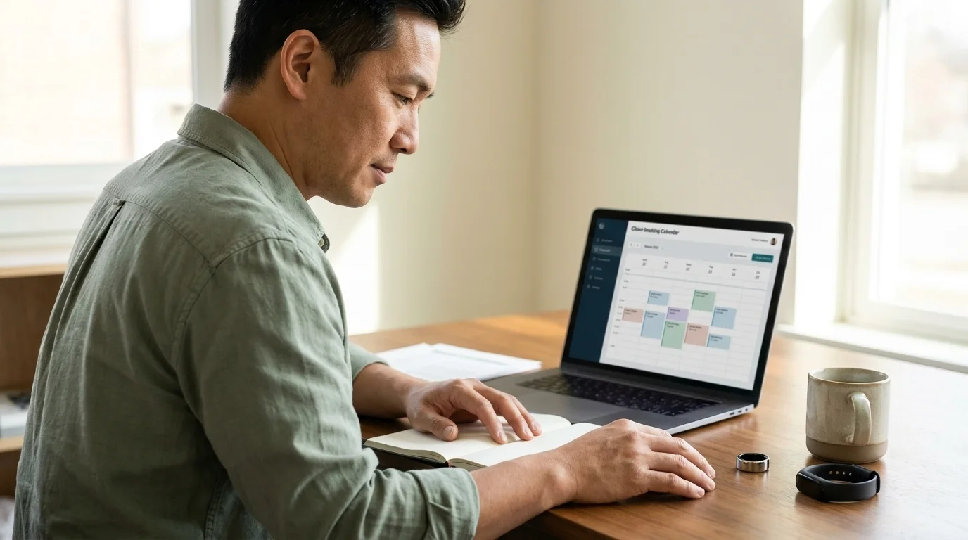 Wellness business owner reviewing a client-booking dashboard on a laptop, a smart-ring and fitness band on the desk