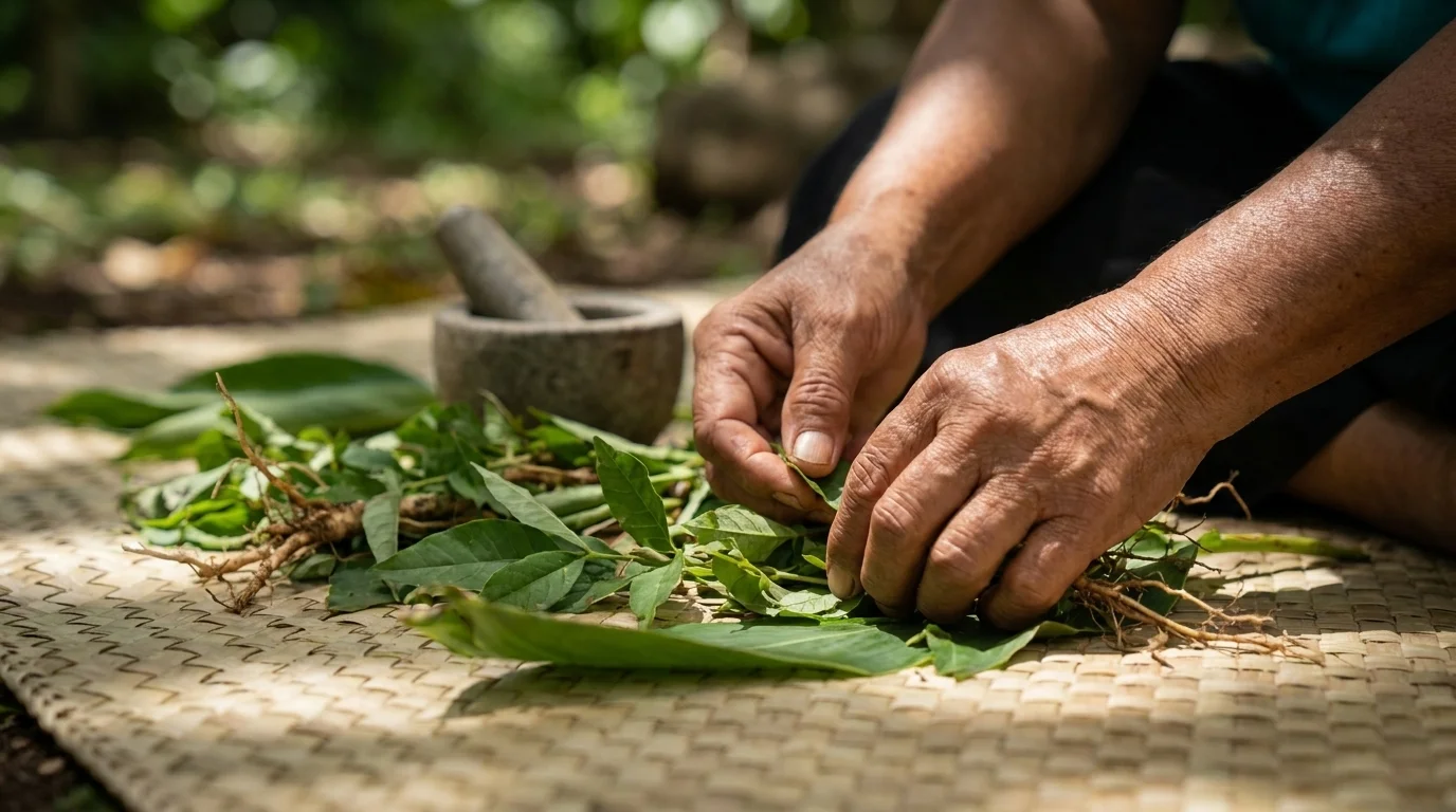 Hands of an older Pacific Islander practitioner preparing fresh medicinal plants and leaves on a woven mat outdoors