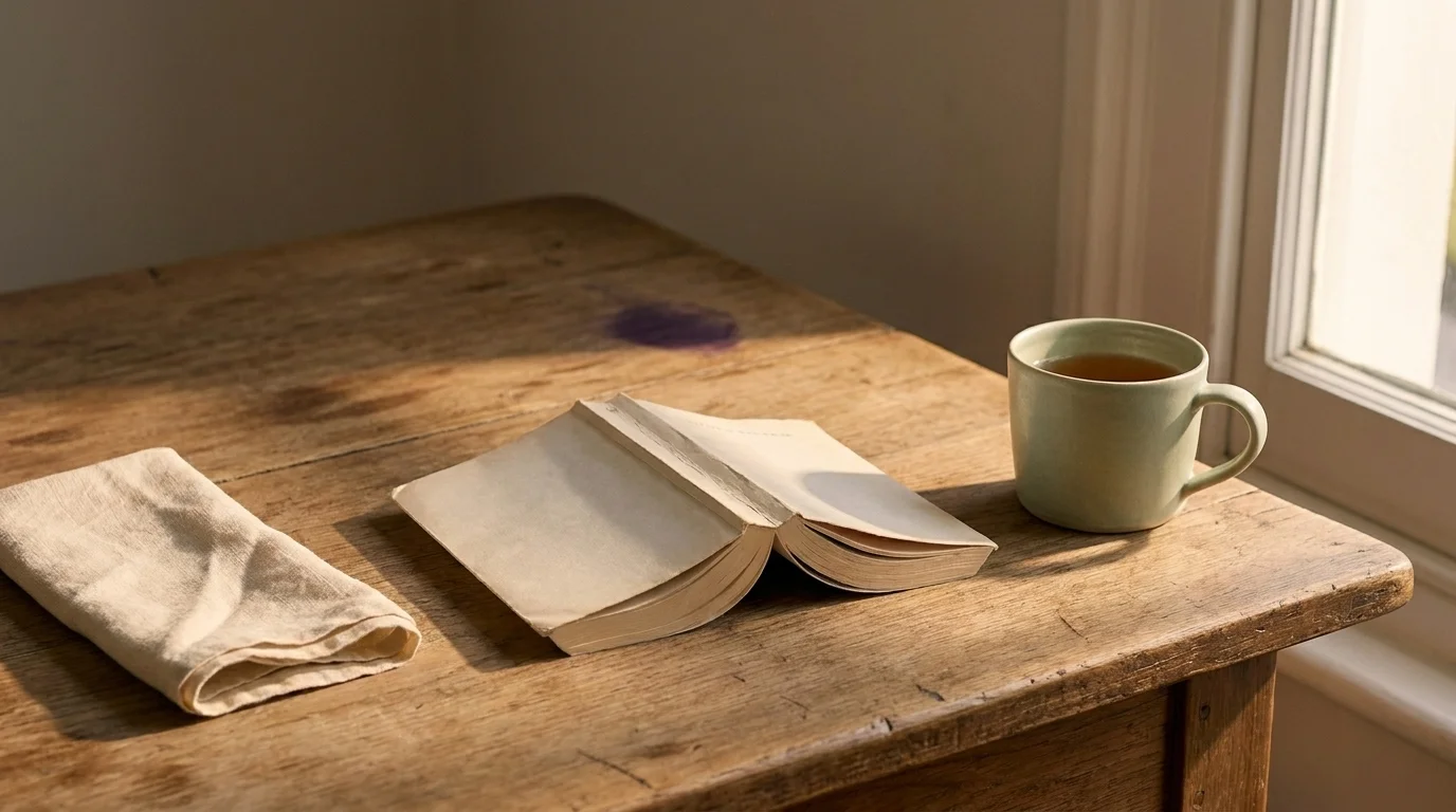 Worn paperback book, ceramic mug of tea, and a linen napkin on a worn wood table beside a window in soft afternoon light