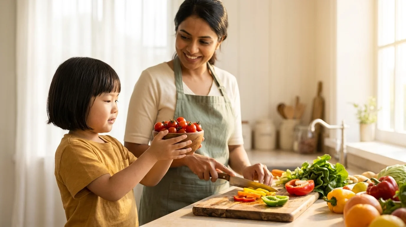 Parent and young child cooking together at a kitchen counter, the child holding a small bowl of cherry tomatoes