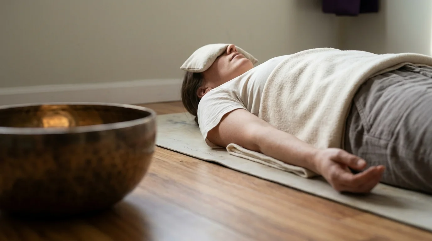 Participant lying on a yoga mat with a cream linen eye pillow, a Tibetan singing bowl in the foreground in soft window-light