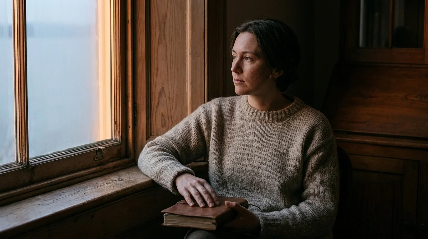 Person sitting by a window at dusk with a hand resting on a closed notebook, quietly reflective in soft light