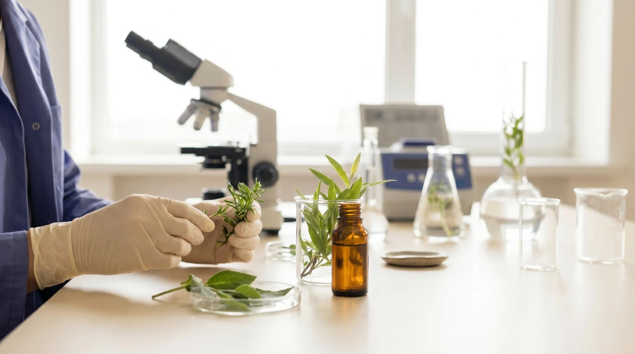 Pharmaceutical researcher examining green plant samples and vials at a bench in a clean modern lab
