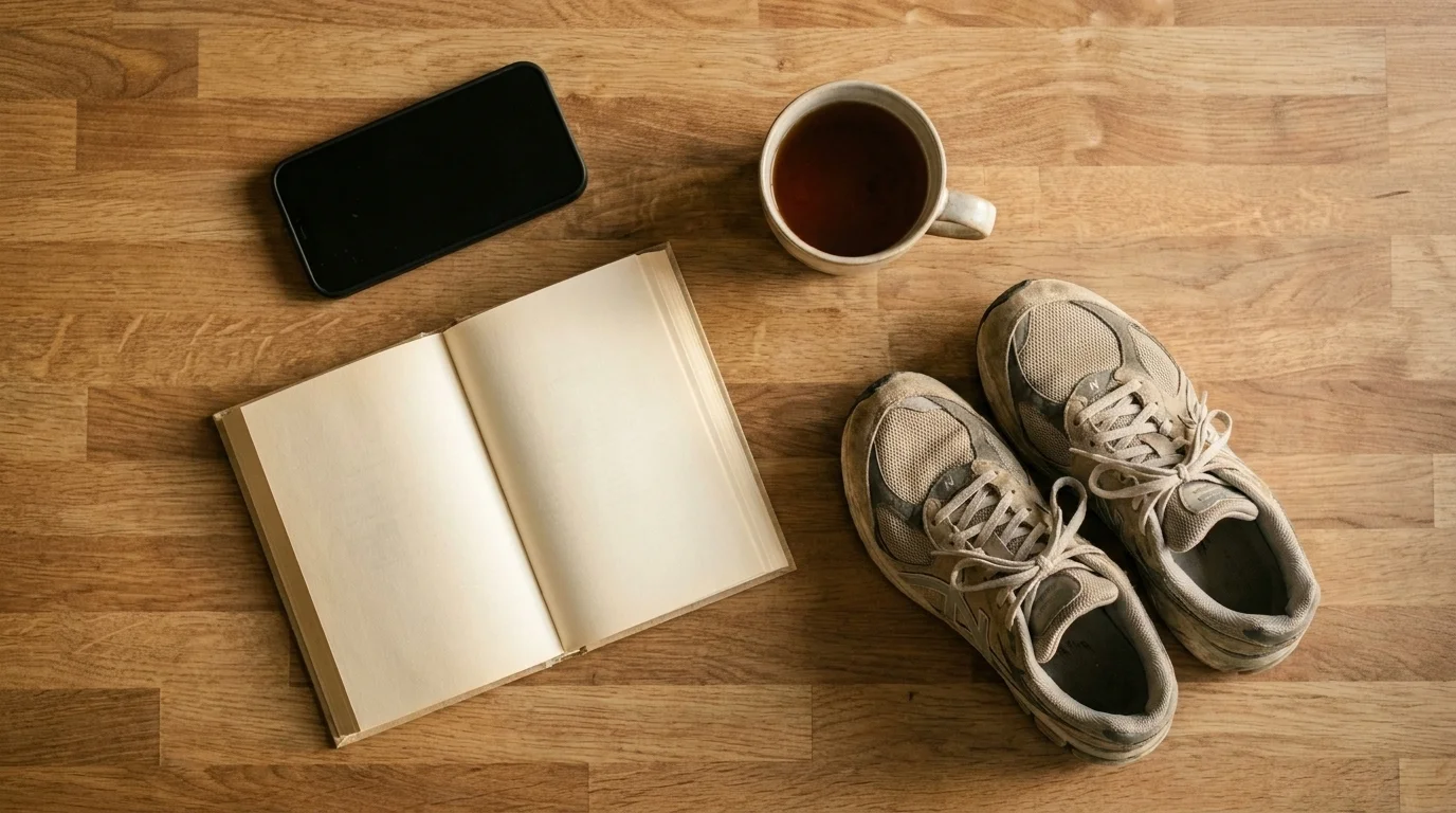Phone face-down on a wooden table beside an open book, a cup of tea, and running shoes in soft morning light