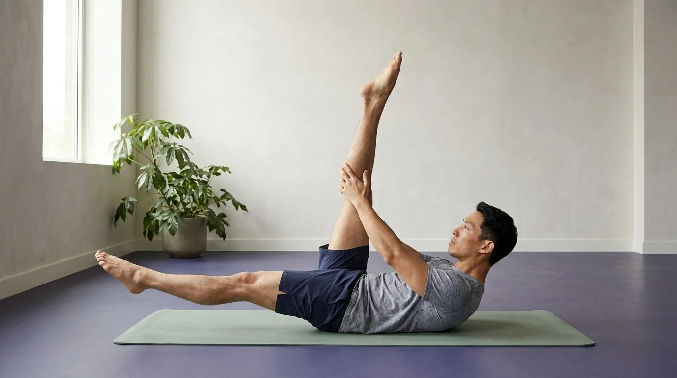 Man performing a controlled Pilates single-leg stretch on a mat, knees lifted, engaging the deep core