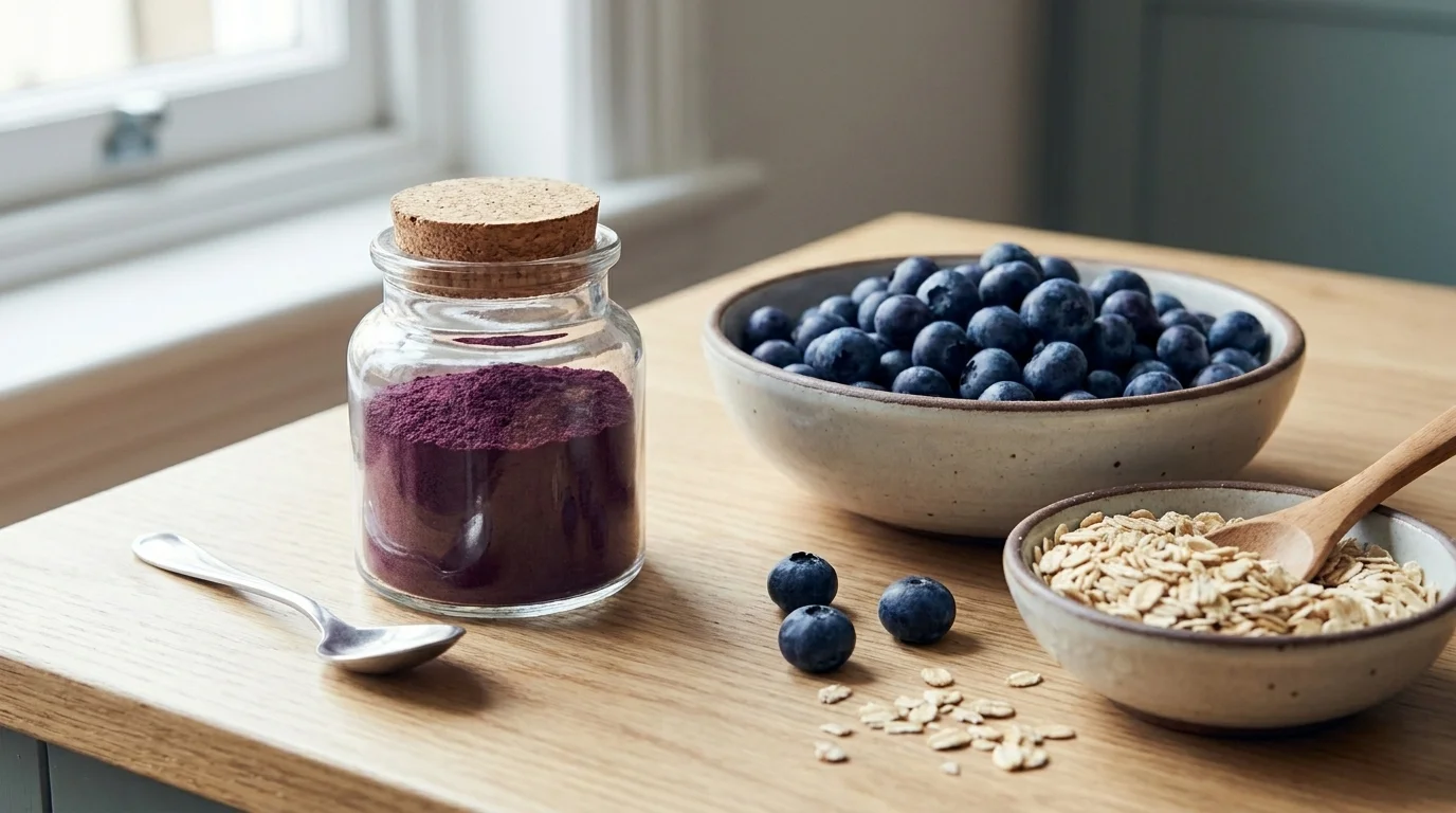 A jar of premium superfood powder beside a simple bowl of fresh blueberries and oats on a kitchen counter