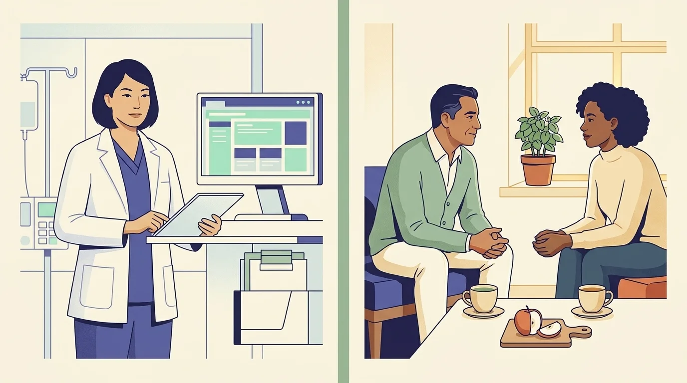 Side-by-side illustration — registered dietitian in clinical scrubs versus holistic nutritionist in a wellness office