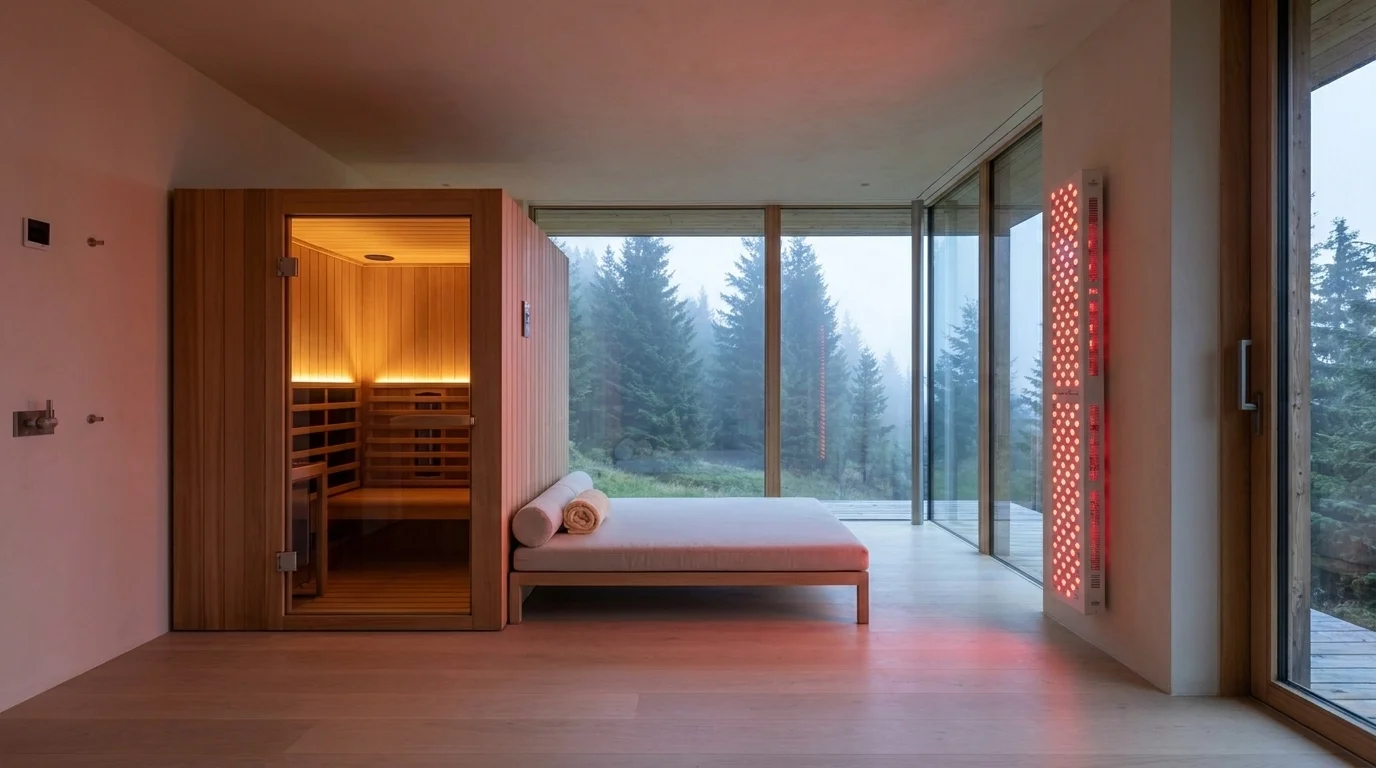 Cedar infrared sauna and red-light panel in a minimalist resort longevity suite with floor-to-ceiling forest views