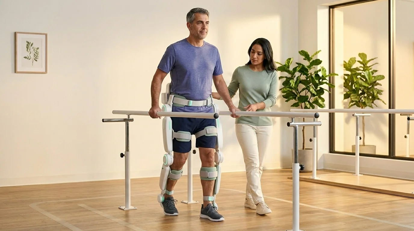 Patient wearing robotic gait-training exoskeleton stepping between parallel bars with physiotherapist alongside for safety