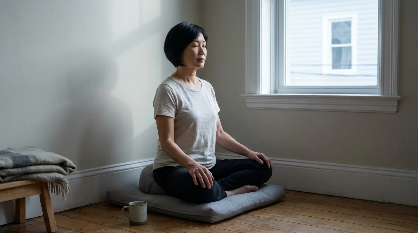 Person meditating on a floor cushion by a window in soft morning light, calm upright posture, eyes closed