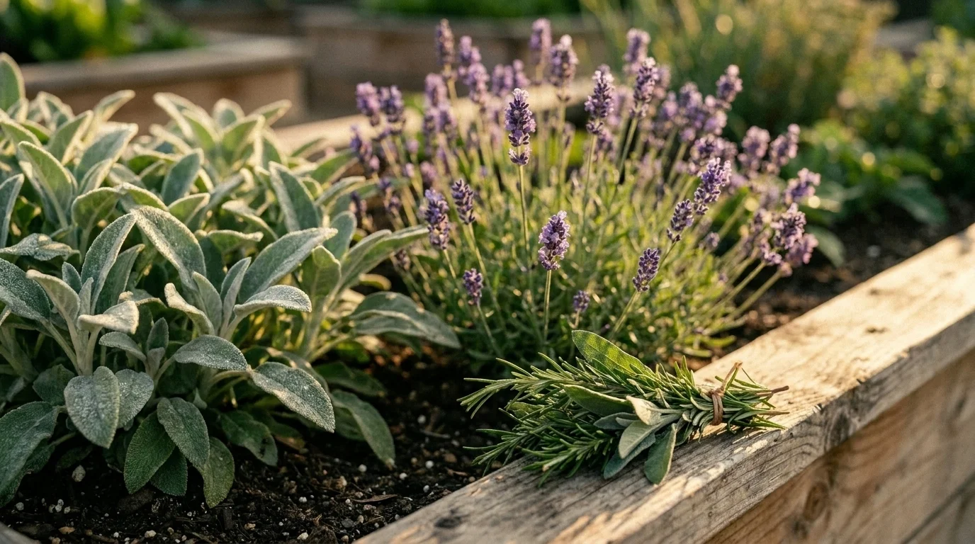 Sensory garden bed with silver lamb's ear leaves, purple lavender, and a tied bundle of rosemary and sage