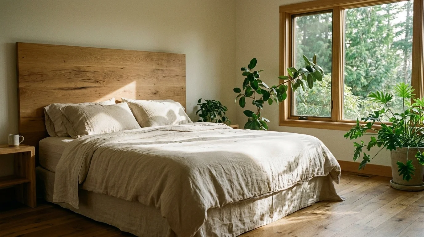 Serene bedroom in morning light with a wood headboard, linen bedding, two potted plants, and a window view of greenery