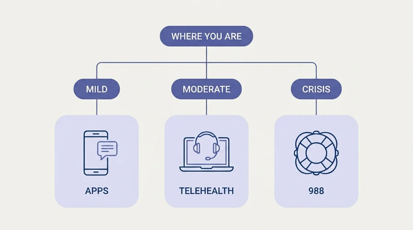 A flowchart branching from where you are into mild apps, moderate telehealth, and crisis 988 paths