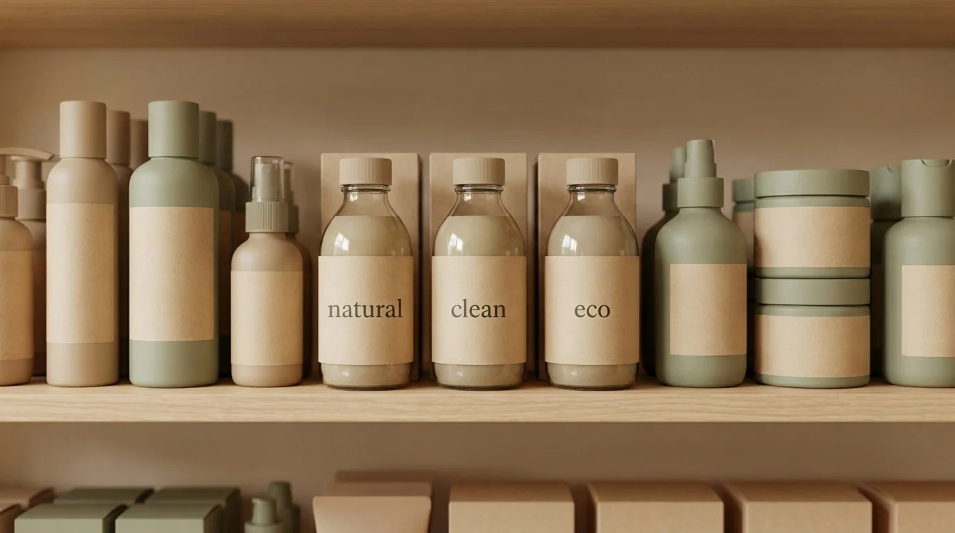 Shelf of wellness products in beige and green packaging labeled with vague terms like natural, clean and eco