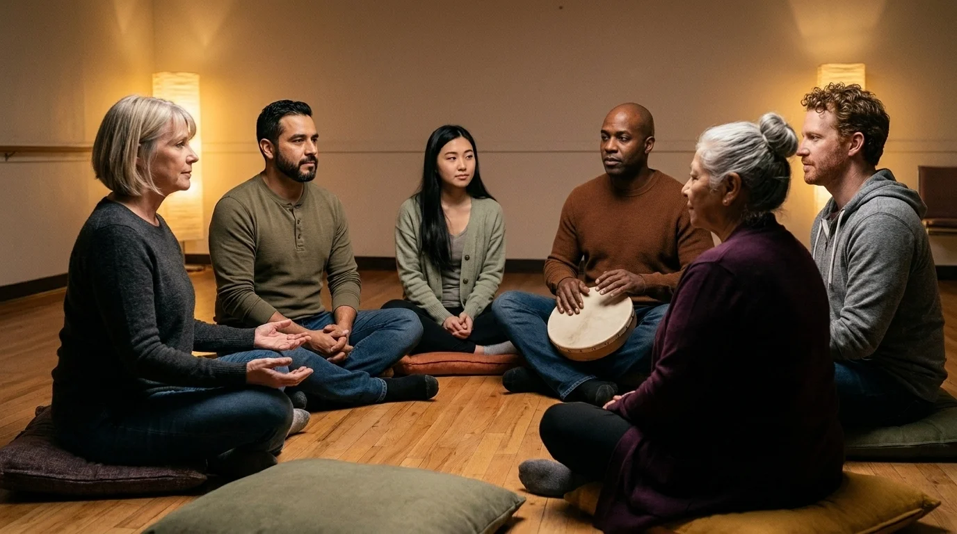 Small diverse group seated in a circle on cushions in warm light, one holding a hand drum, regulating together