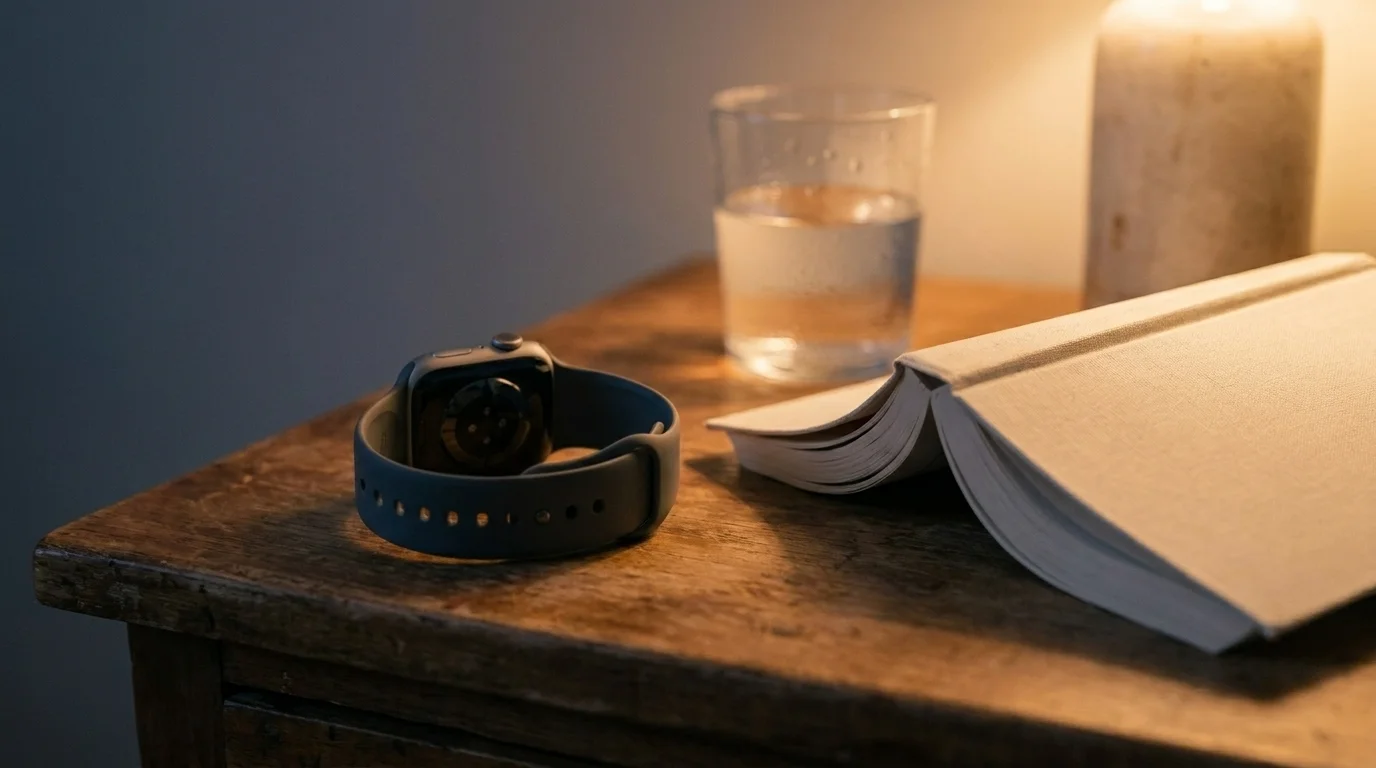 Smartwatch placed face-down beside a paperback and glass of water at evening — devices off the bed for a wind down routine