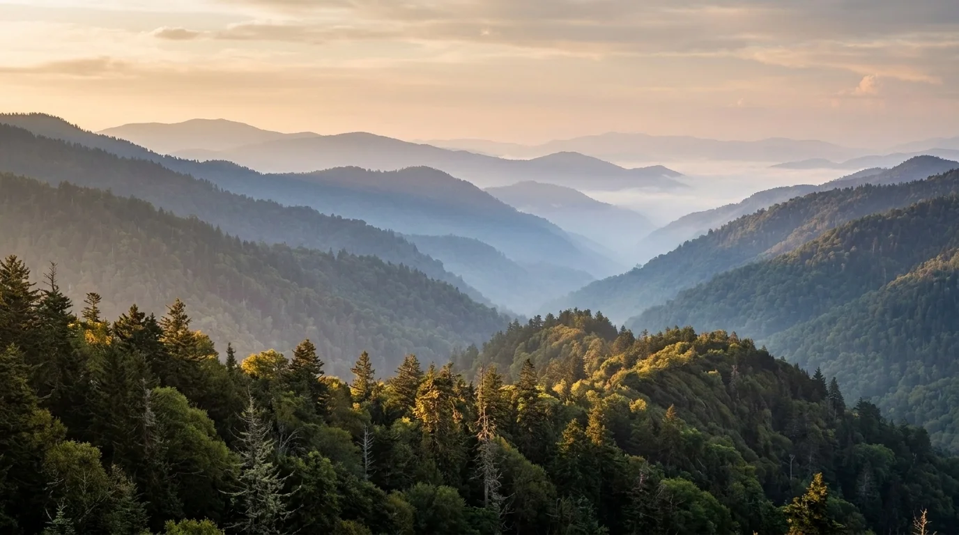 Layered mountain ridgelines fading into blue mist at dawn, an open forested vista with no crowds or roads