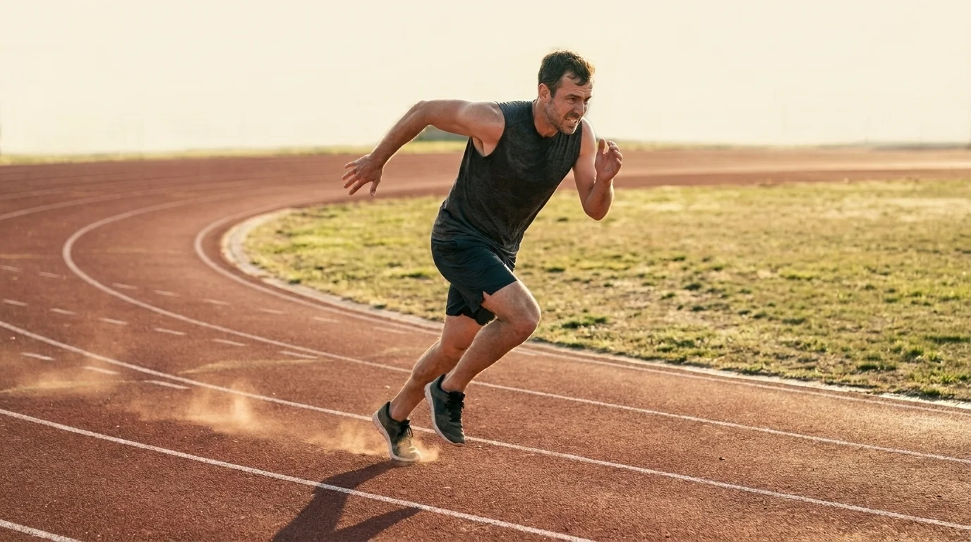 Man in dark kit at full sprint stride on a red-clay outdoor track, dust kicked up behind his rear foot