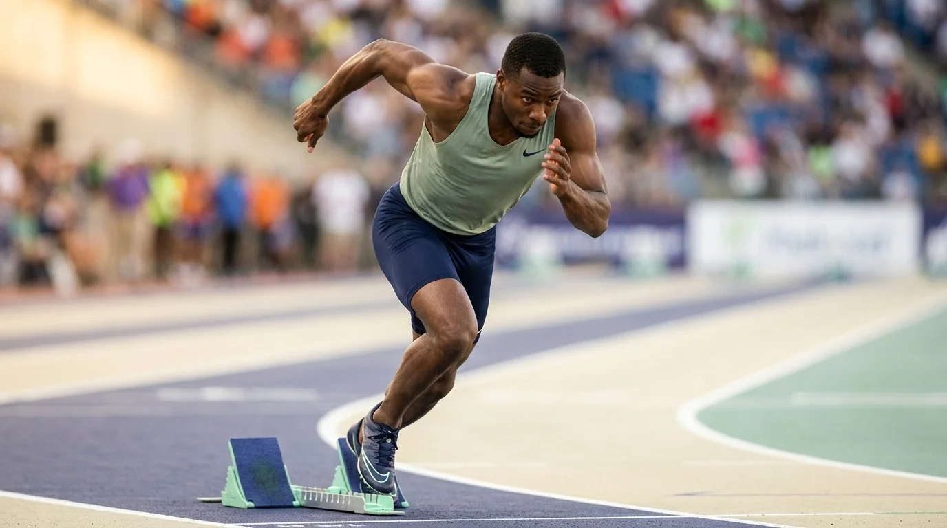 Track sprinter mid-launch from starting blocks under stadium lights, low camera angle, motion frozen in explosive power