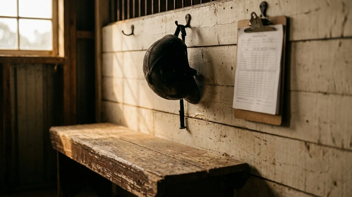 A wooden bench, a riding helmet on a hook, and a clipboard in a stable's intake corner in soft afternoon light