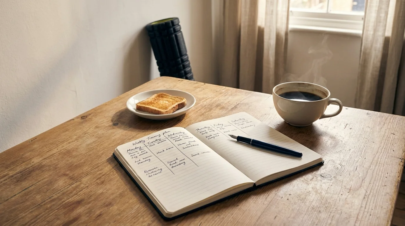 Sunday-morning kitchen table with an open notebook of a weekly training plan, coffee mug, and foam roller