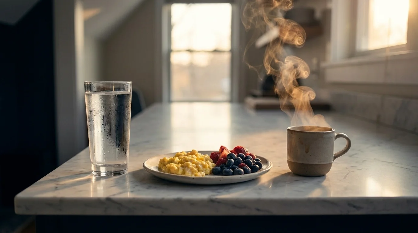 Glass of water, plate of scrambled eggs with berries, and steaming mug on a marble counter at sunrise
