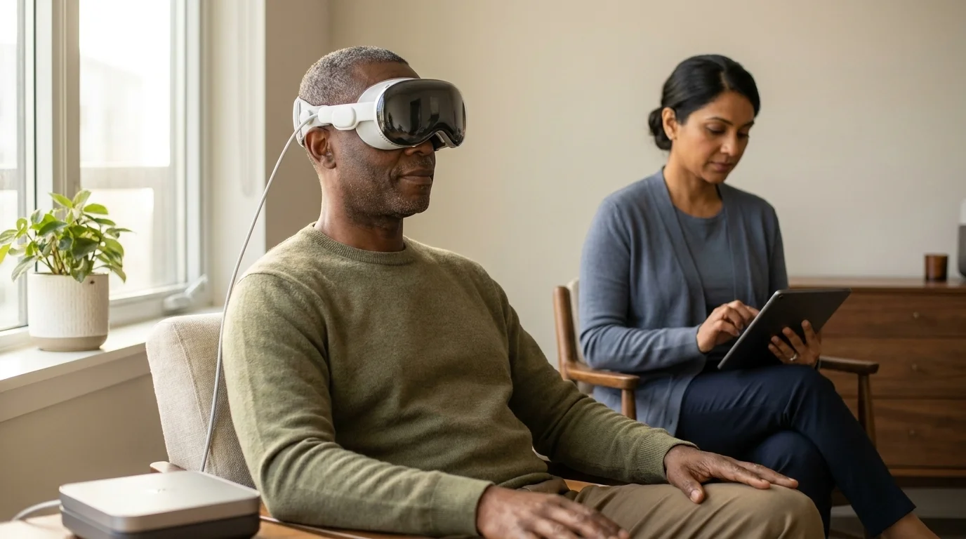 Patient in a VR headset during a supervised mental-health therapy session while a clinician monitors a tablet nearby