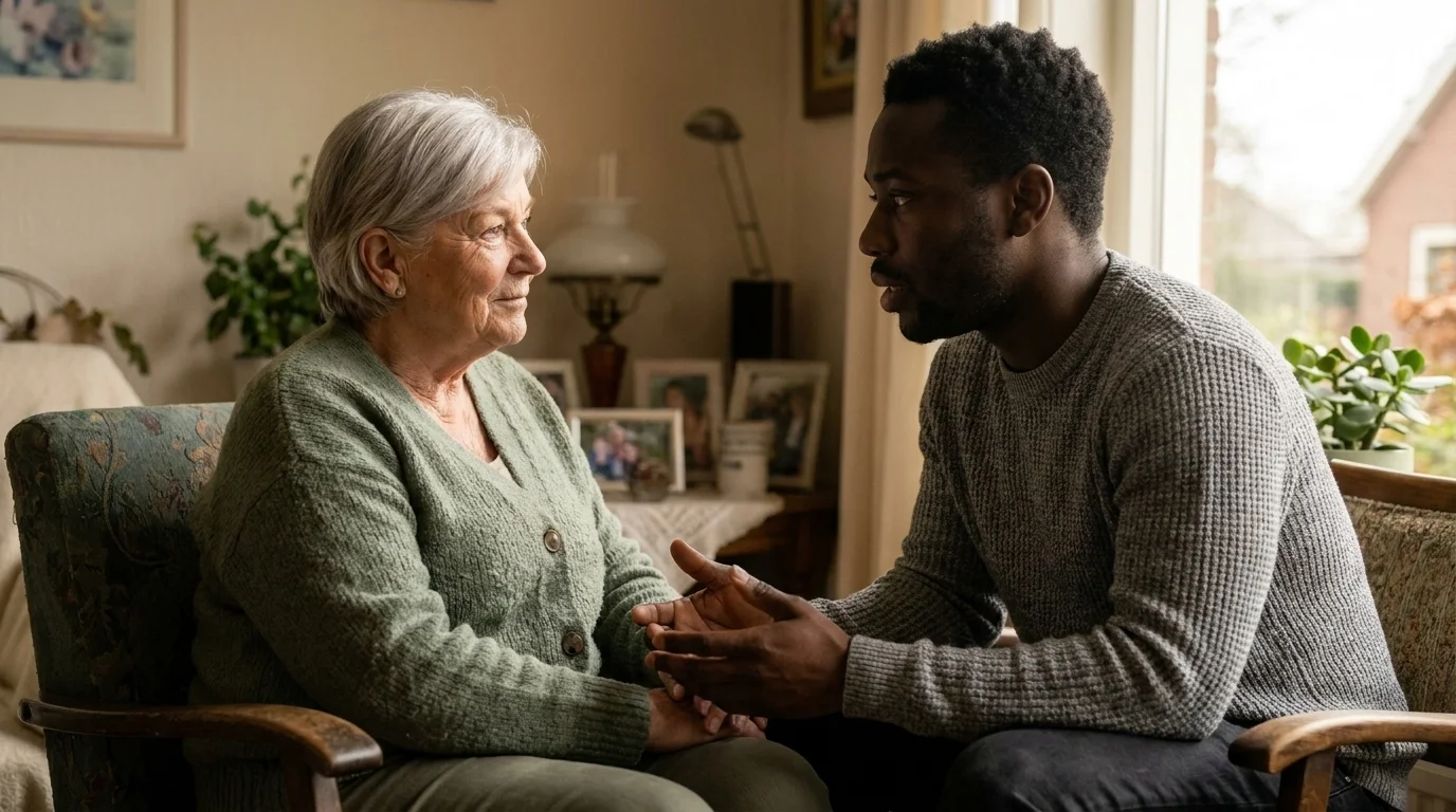 An older woman and a younger man in a warm, attentive supportive conversation, seated close in soft indoor light