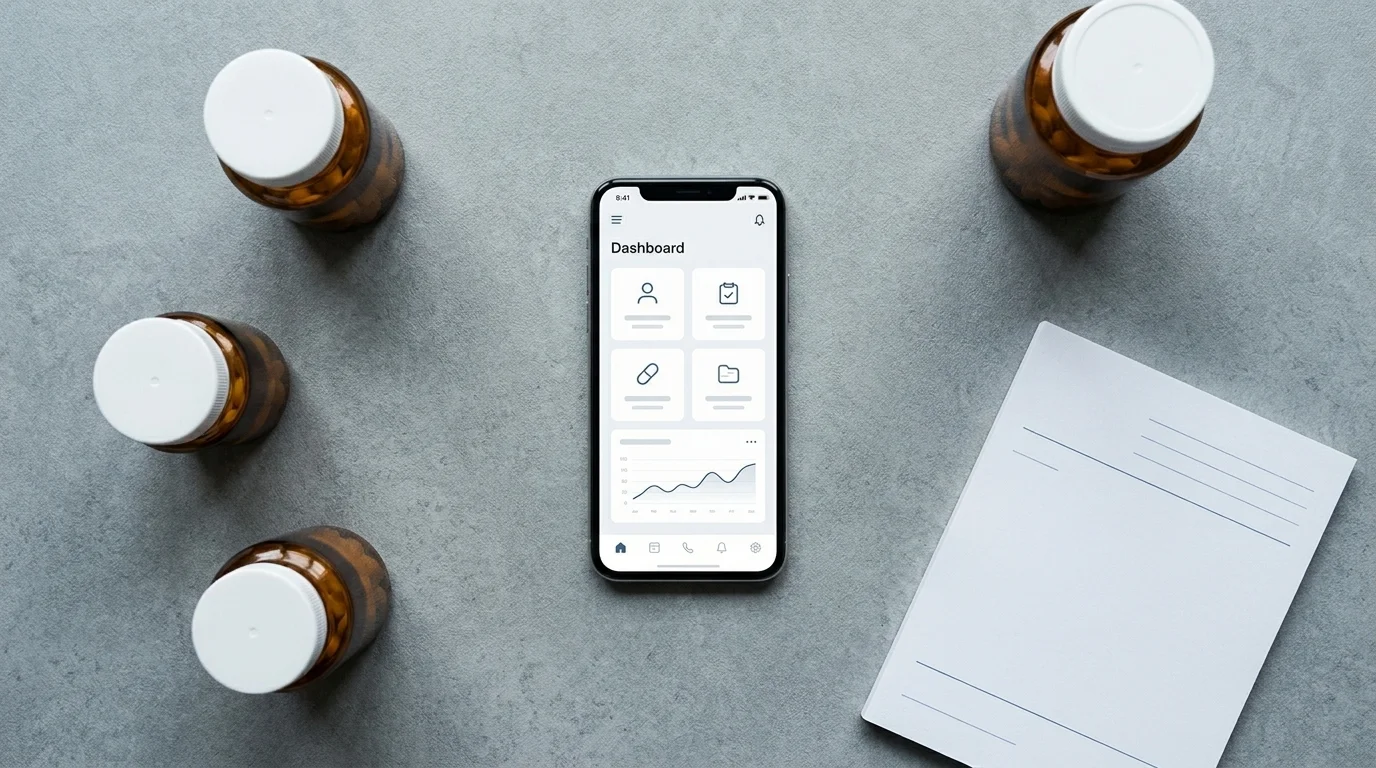 Flat-lay of a smartphone showing a generic telehealth app beside unlabeled pill bottles and a prescription pad