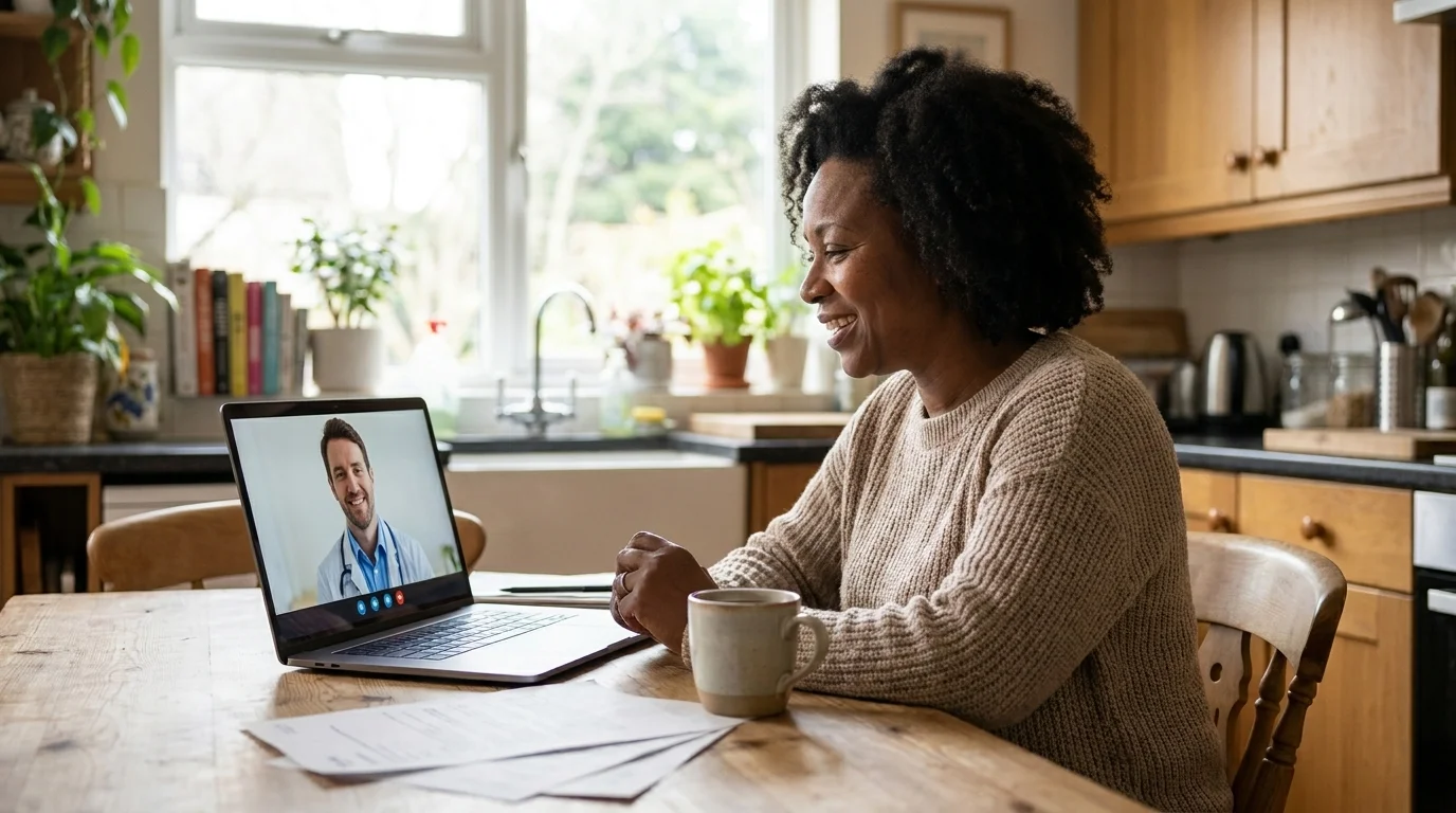 A woman at her kitchen table on a telehealth video visit on a laptop, a mug of tea beside her in soft daylight