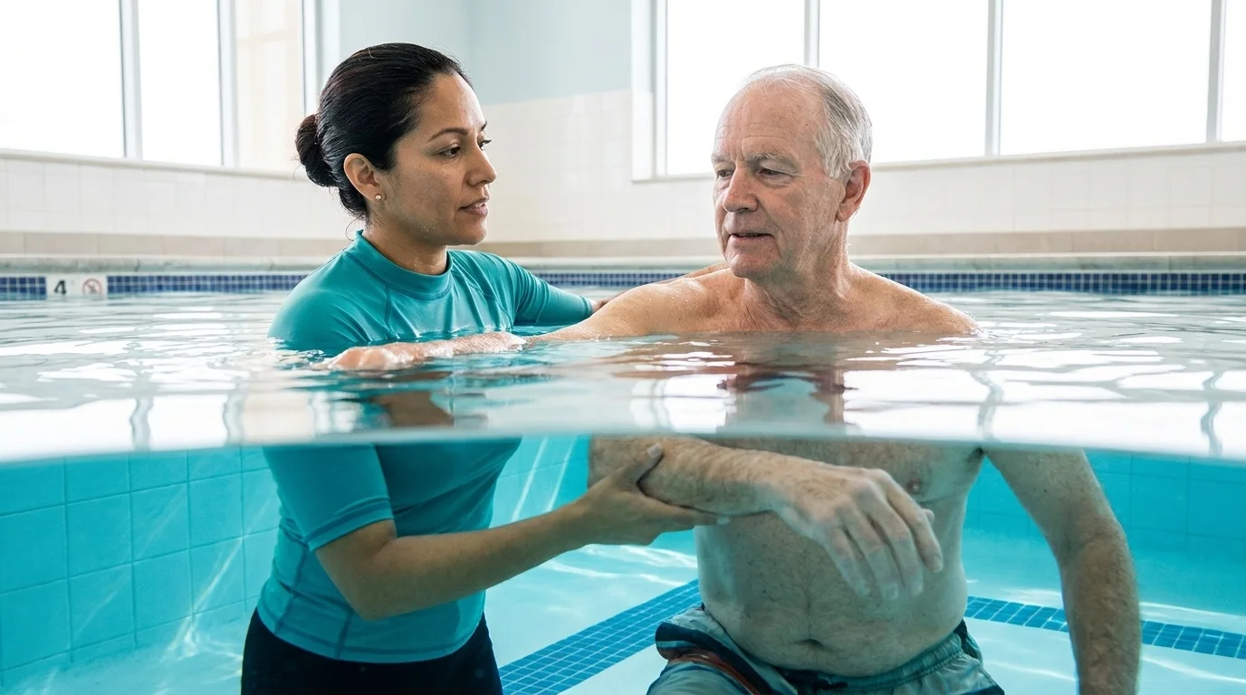 Physical therapist guiding an older patient through exercises in a chest-deep warm therapy pool