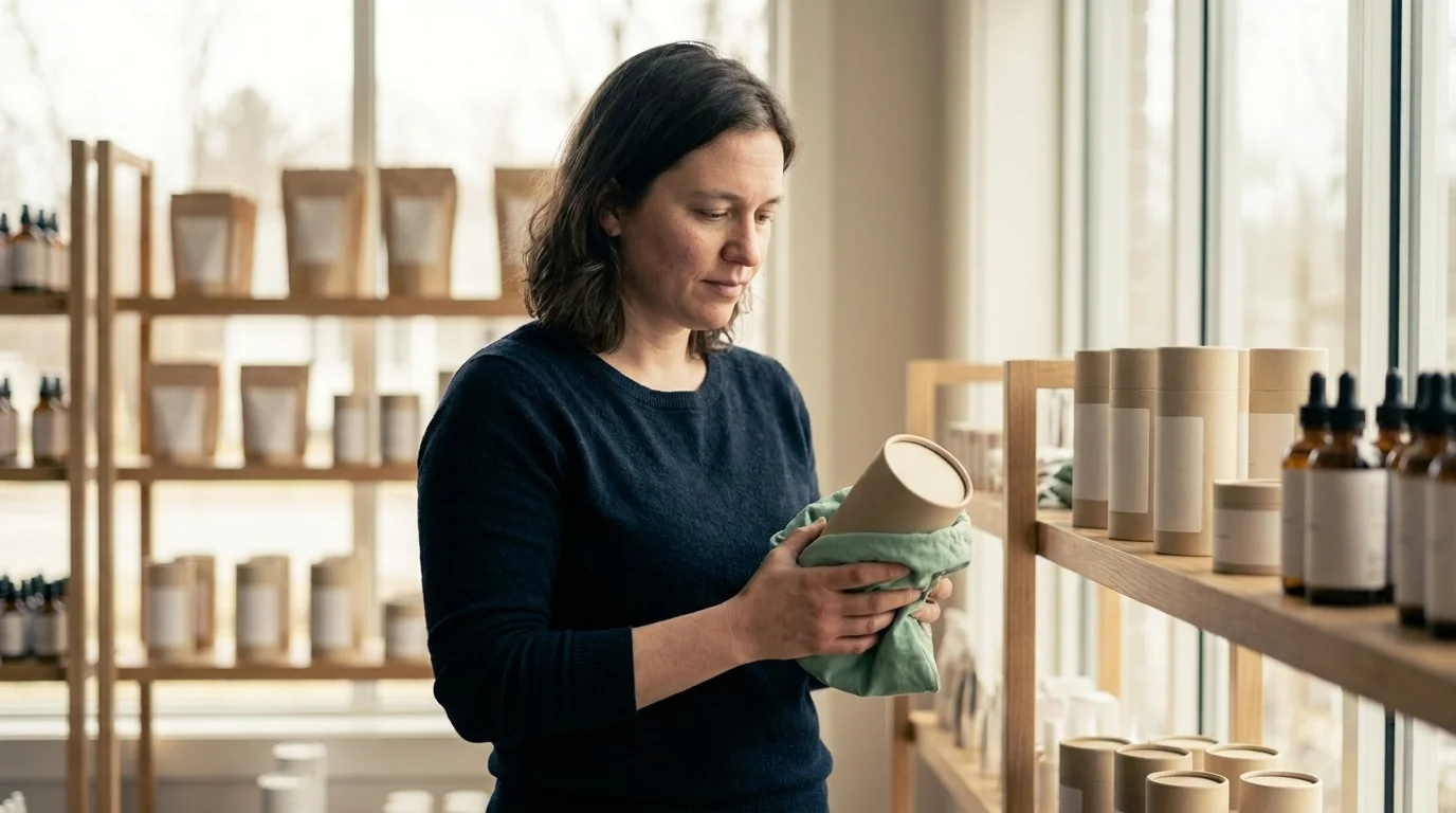 A thoughtful shopper pausing to consider a wellness product in a calm, modern retail aisle in soft store light