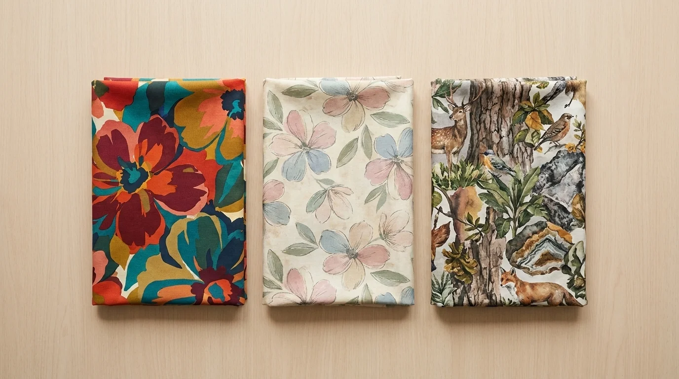 Three folded fabric swatches: a bold abstract floral, a soft pastel sketched-petal print, and an animal-and-foliage print